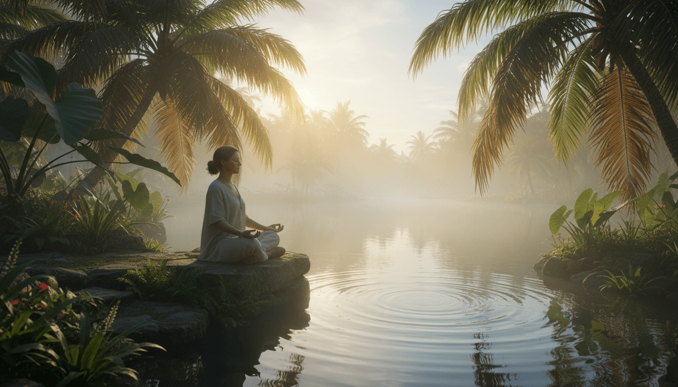 Peaceful figure in meditation pose at sunrise in tropical Bali setting overlooking calm water