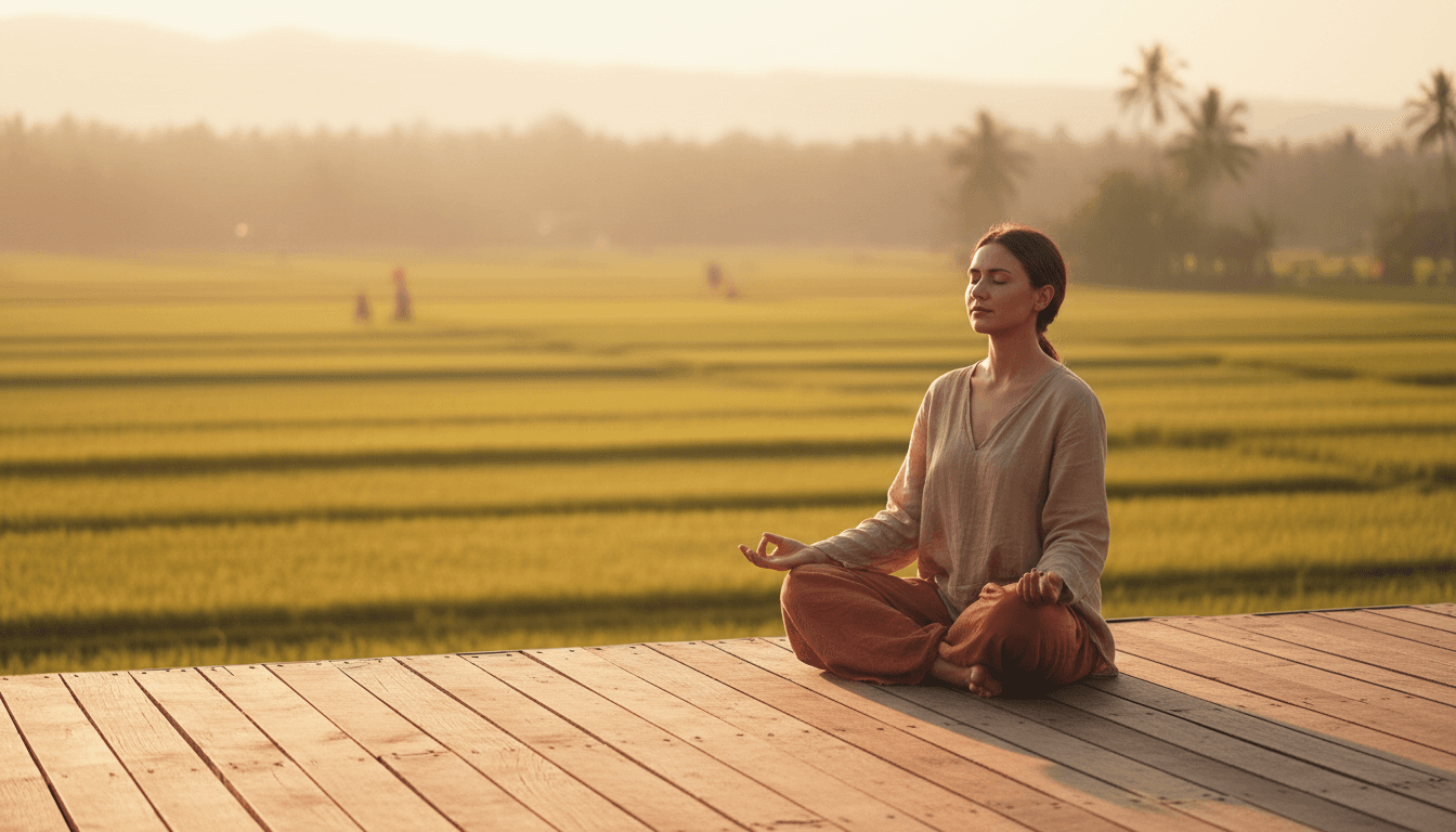 Person meditating peacefully on a wooden deck overlooking Balinese landscape at sunset